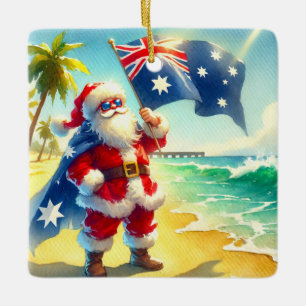 Personalised Australian Santa on Beach Christmas  Ceramic Ornament