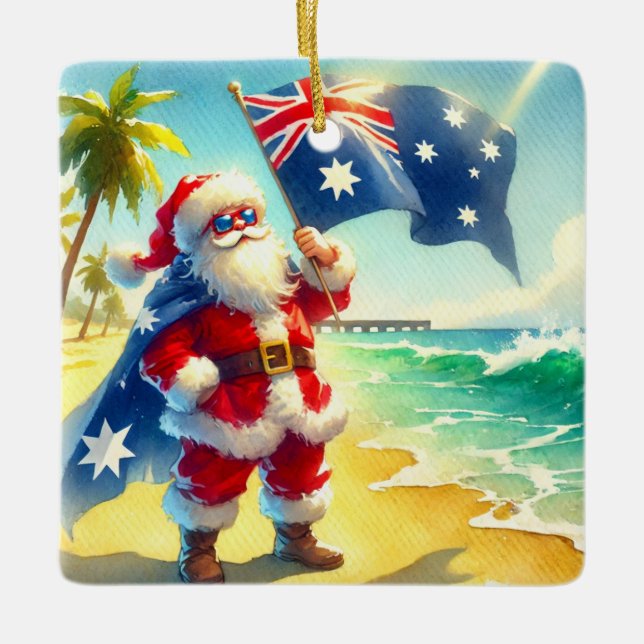 Personalised Australian Santa on Beach Christmas  Ceramic Ornament (Front)