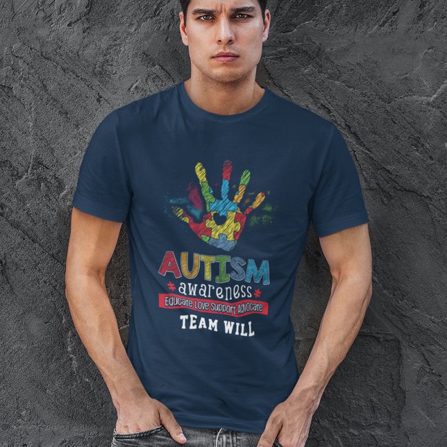 Personalised Autism Awareness Educate Advocate T-Shirt (Autism Awareness Puzzle Hand Navy Blue Mens T-Shirt)