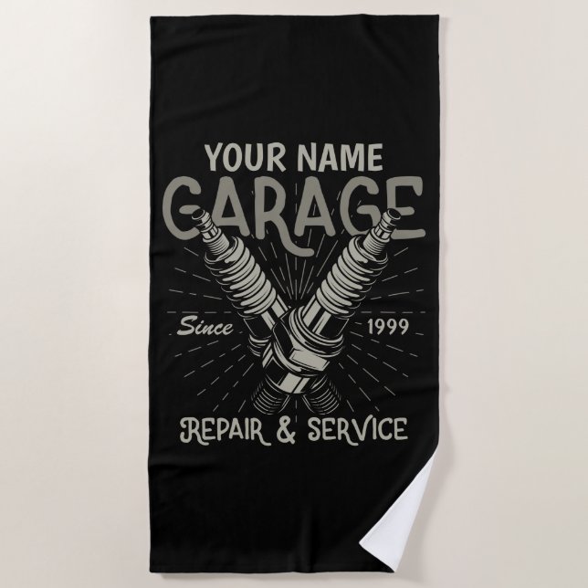 Personalised Auto Mechanic Garage Retro Spark Plug Beach Towel (Front)