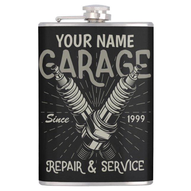 Personalised Auto Mechanic Garage Retro Spark Plug Hip Flask (Front)