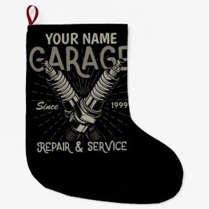 Personalised Auto Mechanic Garage Retro Spark Plug Large Christmas Stocking