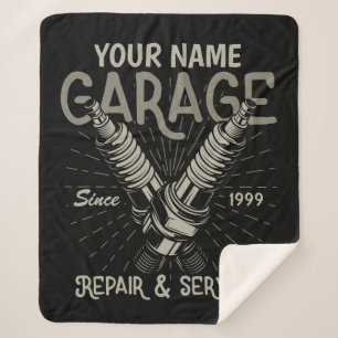 Personalised Auto Mechanic Garage Retro Spark Plug Sherpa Blanket