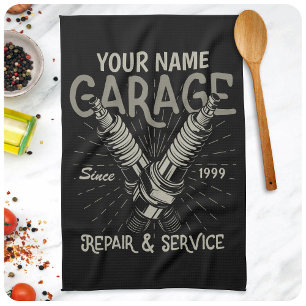 Personalised Auto Mechanic Garage Retro Spark Plug Tea Towel