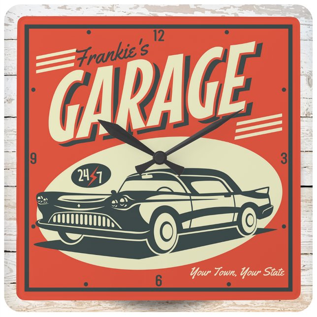 Personalised Auto Mechanic Shop Classic Car Garage Square Wall Clock (Creator Uploaded)