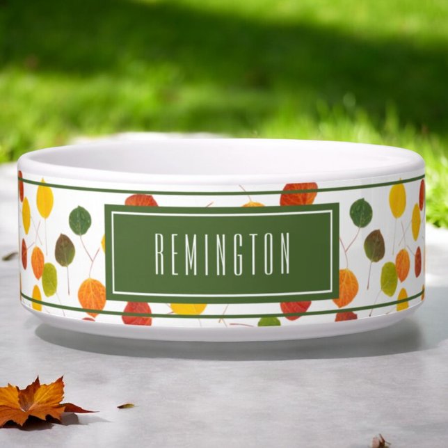 Personalised Autumn Aspen Leaves Pattern Pet Bowl (custom pet bowl front)