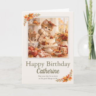 Personalised Autumn Birthday Kitten Cake Card