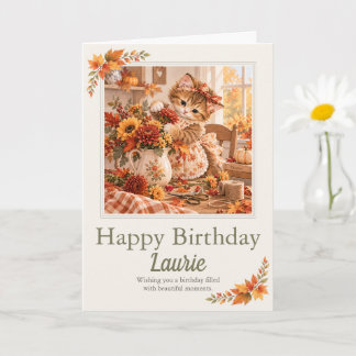 Personalised Autumn Birthday Kitten Flowers Card