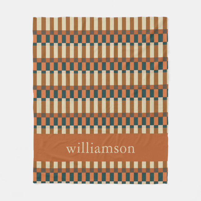 Personalised Autumn Brown Geometric Check Pattern Fleece Blanket (Front)