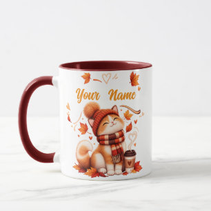 Personalised Autumn Cat Mug Custom Name Cosy Fal