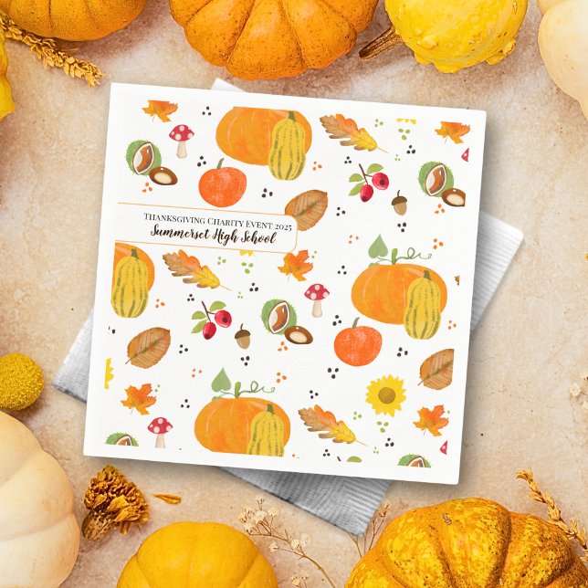 Personalised Autumn Lover Napkins (Napkins with autumnal pattern, featuring pumpkins, leafs, mushrooms, buckeyes, sunflower & rose hip)