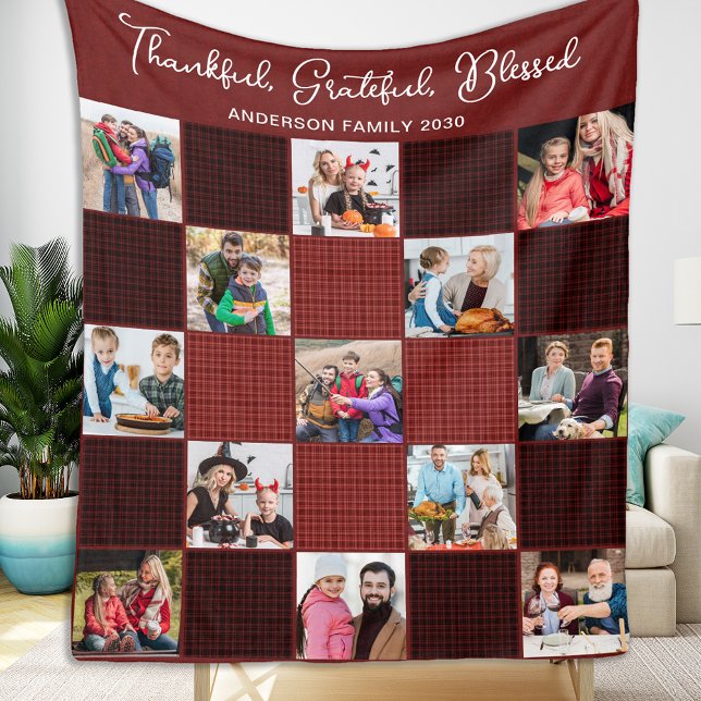 Personalised Autumn Plaid Unique 13 Photo Collage Fleece Blanket (Creator Uploaded)