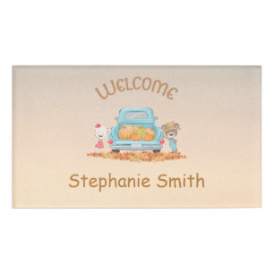 Personalised Autumn Welcome Bears Pumpkins Leaves Name Tag