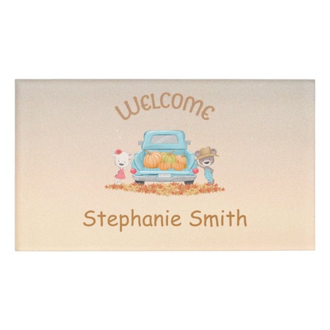 Personalised Autumn Welcome Bears Pumpkins Leaves Name Tag (Front)