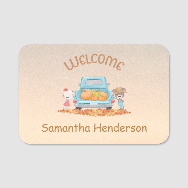 Personalised Autumn Welcome Bears Pumpkins Leaves Name Tag (Front)