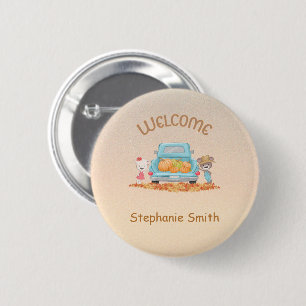 Personalised Autumn Welcome Bears Pumpkins Nametag 6 Cm Round Badge