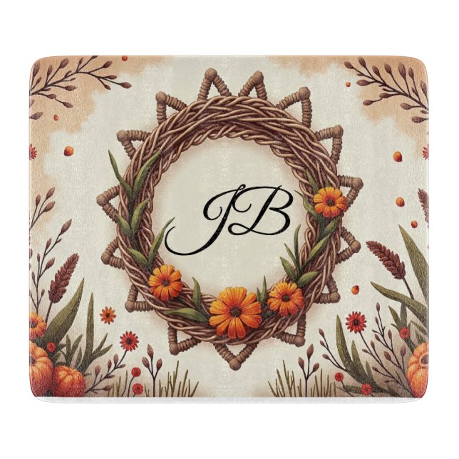 Personalised Autumn Wreath Glass Cutting Board (Front)