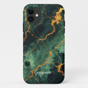 Personalised Autumnal Forest Green & Gold Marble iPhone 11 Case