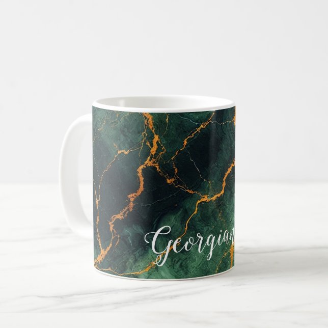 Personalised Autumnal Forest Green & Gold Marble Coffee Mug (Front Left)