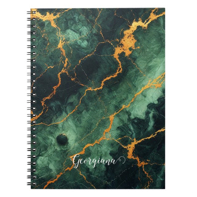 Personalised Autumnal Forest Green & Gold Marble Notebook (Front)
