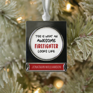 Personalised Awesome Firefighter Funny Firefighter Silver Plated Banner Ornament