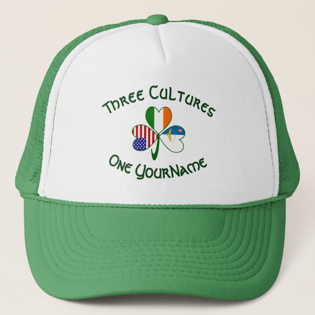 Personalised Azores Ireland USA Shamrock Flag Trucker Hat (Front)