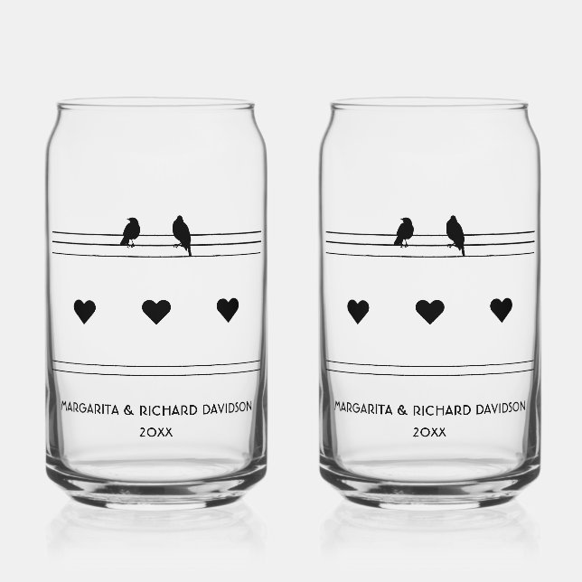 Personalised B&W 2 birds & 3 hearts Can Glass (Front)