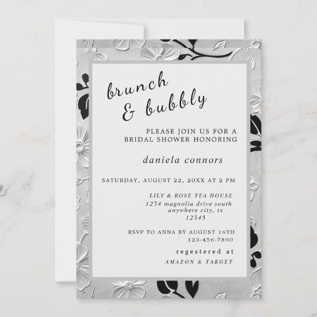 Personalised B & W Florals Brunch & Bubbly  Invitation (Front)