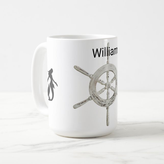 Personalised B&W Helm with Mermaids Coffee Mug (Front Left)