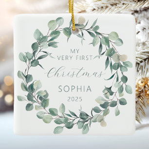 Personalised Baby 1st Christmas Eucalyptus Wreath Ceramic Ornament