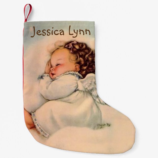 Personalised Baby Angel Wings sleeping in cloud Small Christmas Stocking (Front)