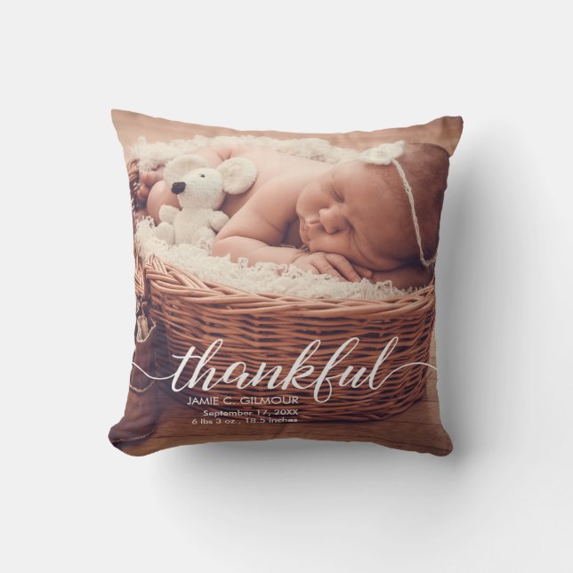 Personalised baby announcement thankful photo cushion (Front)