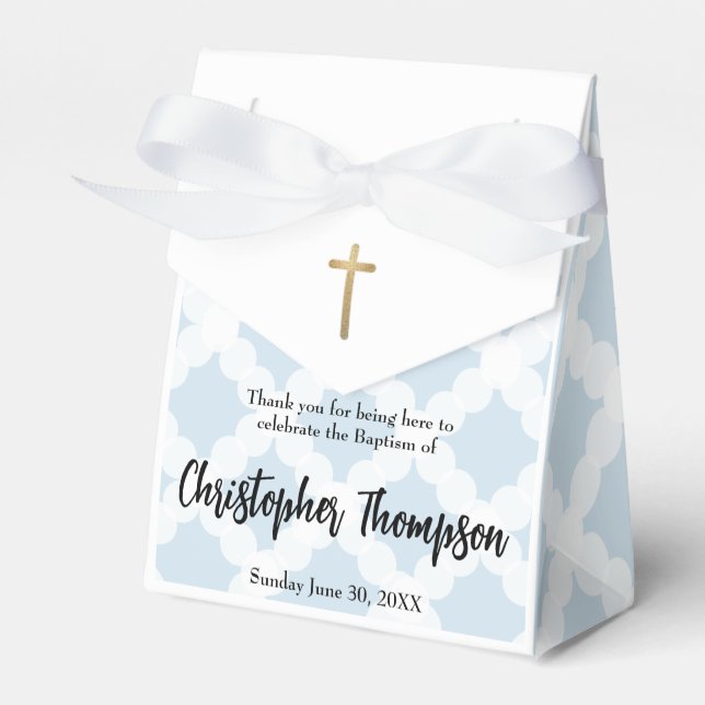 Personalised Baby Baptism Gold Cross Blue pattern Favour Box (Front Side)