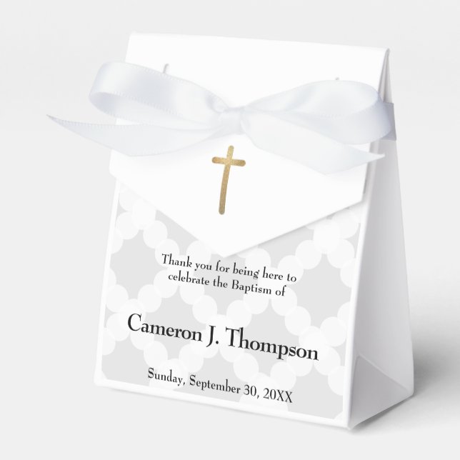 Personalised Baby Baptism Grey White Gold Cross Favour Box (Front Side)