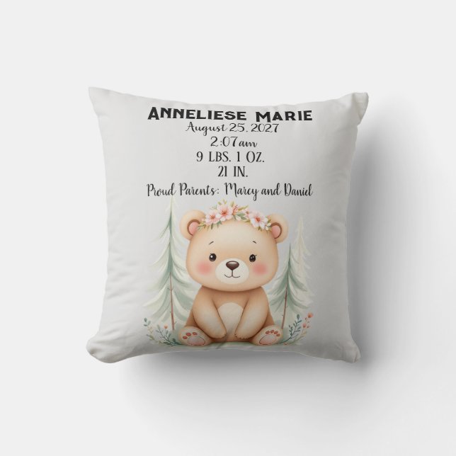 Personalised Baby Bear Birth Stats Girls' Nursery Cushion (Front)