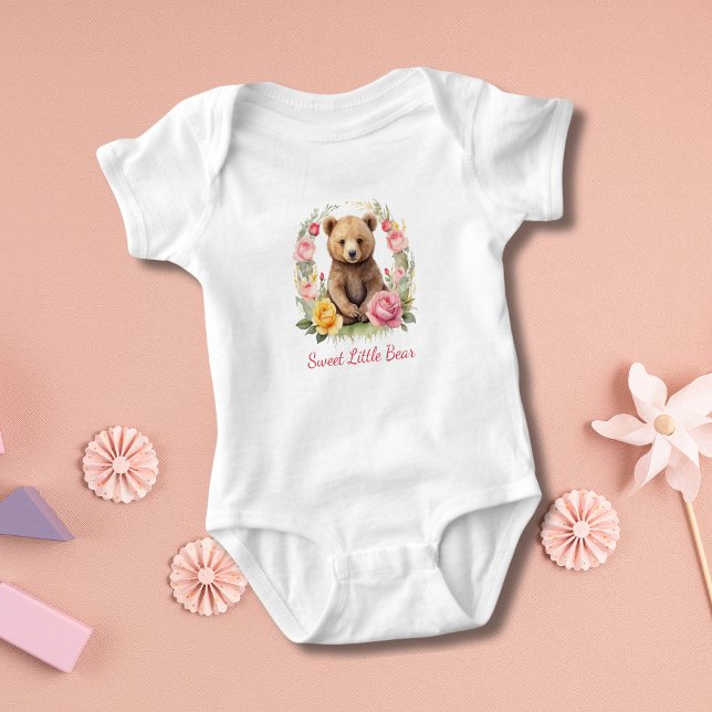 Personalised Baby Bear Pink Yellow Flowers Gift Baby Bodysuit (Personalized Baby Bear Pink Yellow Roses Flowers Baby Girl Gift Baby Shower gift)