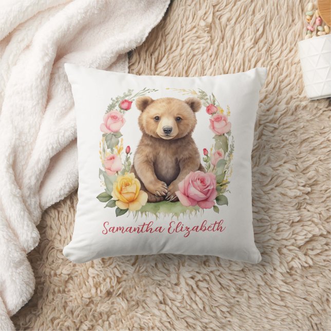 Personalised Baby Bear Pink Yellow Roses Baby Cushion (Blanket)