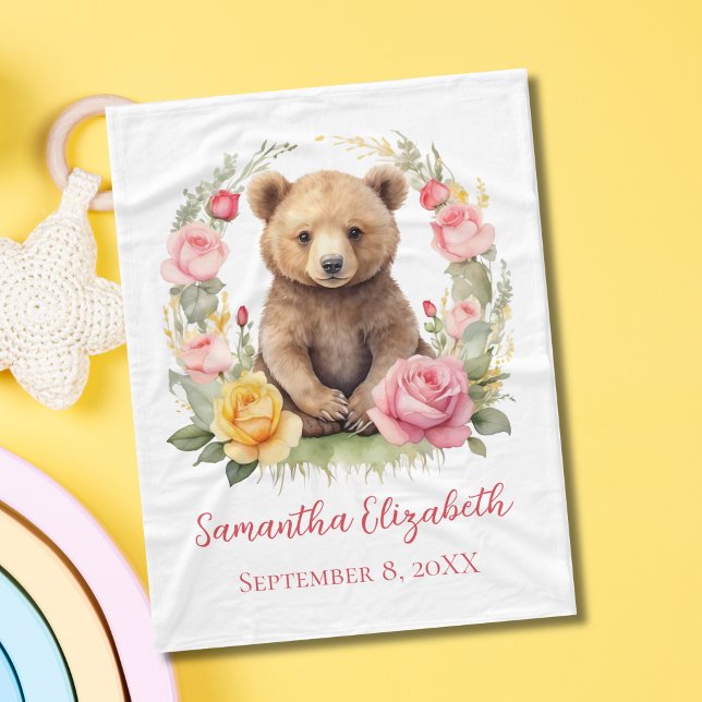 Personalised Baby Bear Pink Yellow Roses Baby Fleece Blanket (Personalized Birth name and date, Baby Bear with Pink Yellow Flowers Roses Baby Blanket)