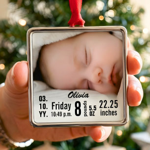 Personalised Baby Birth Stats Christmas Photo Metal Ornament