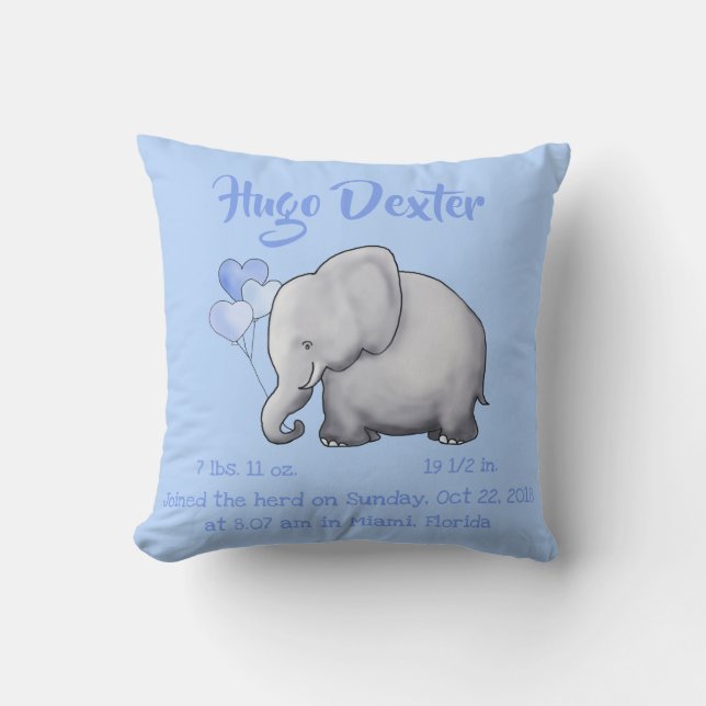 Personalised Baby Birth Stats Elephant Nursery Cushion (Front)