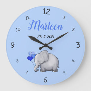 Personalised Baby Blue Cute Elephant Nursery Large Clock