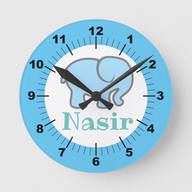 Personalised Baby Blue Elephant Round Clock (Front)
