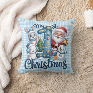 Personalised Baby Blue Gingham My First Christmas Cushion