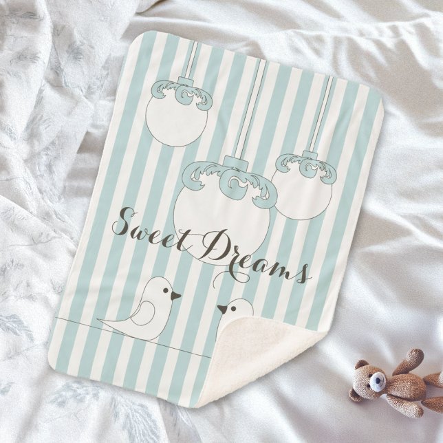 Personalised Baby Blue Stripe Cute Birds Kids Sherpa Blanket (Creator Uploaded)