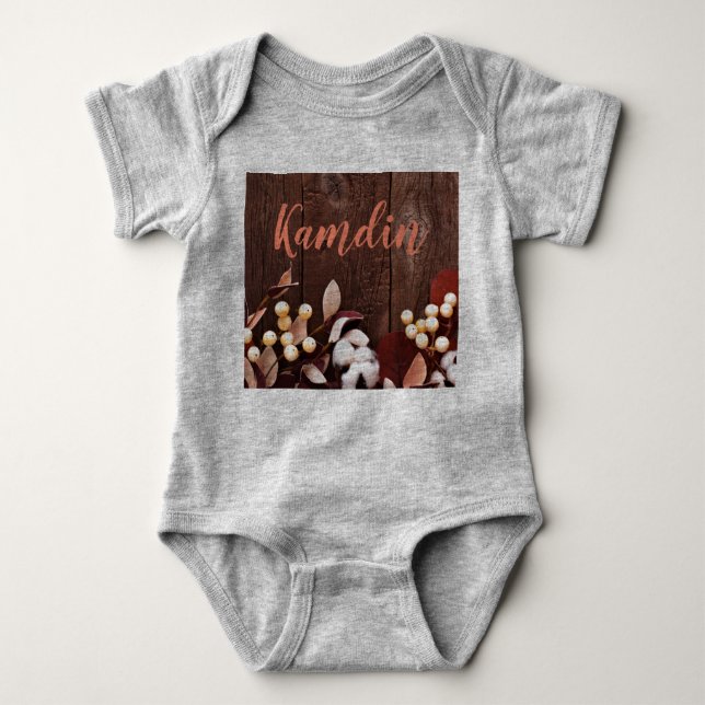 Personalised Baby Body Suit Cotton Branch on Dark Baby Bodysuit (Front)