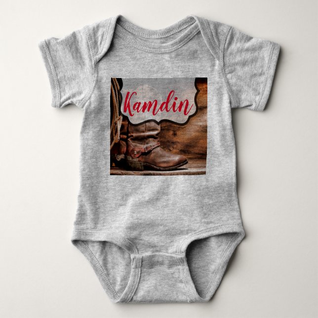 Personalised Baby Body Suit Cowboy Boots Barn Wood Baby Bodysuit (Front)