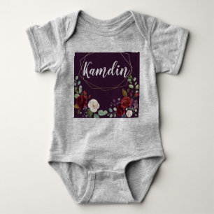 Personalised Baby Body Suit Plum Purple Roses Gold Baby Bodysuit