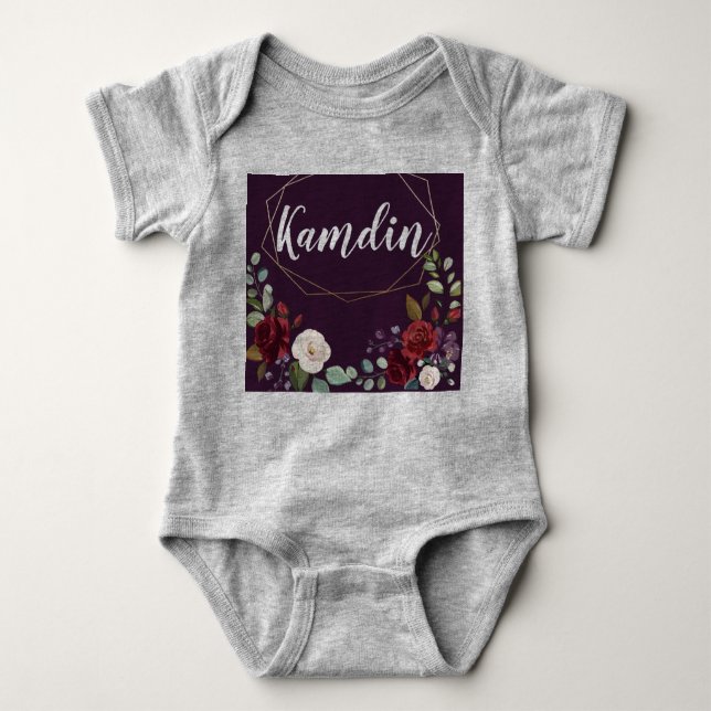 Personalised Baby Body Suit Plum Purple Roses Gold Baby Bodysuit (Front)