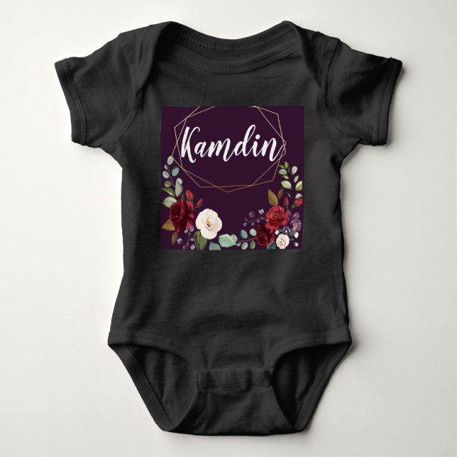 Personalised Baby Body Suit Plum Purple Roses Gold Baby Bodysuit (Front)