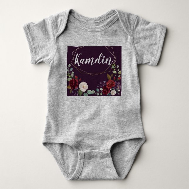 Personalised Baby Body Suit Plum Purple Roses Gold Bodysuit (Front)